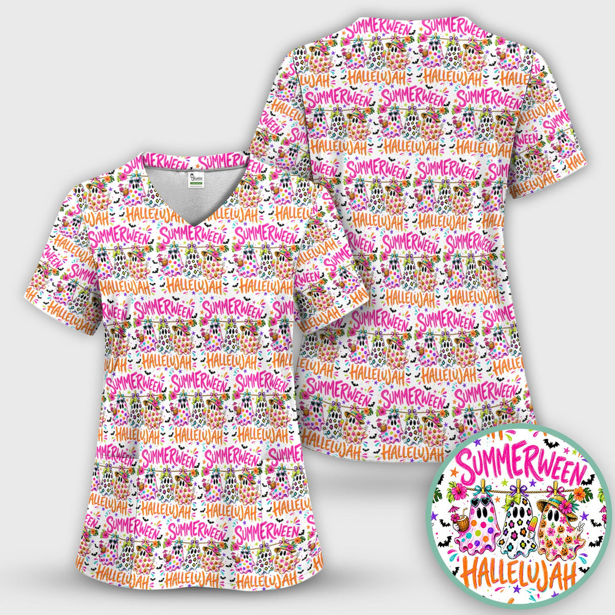 Summer Halloween Ghost Nurse Scrub Top