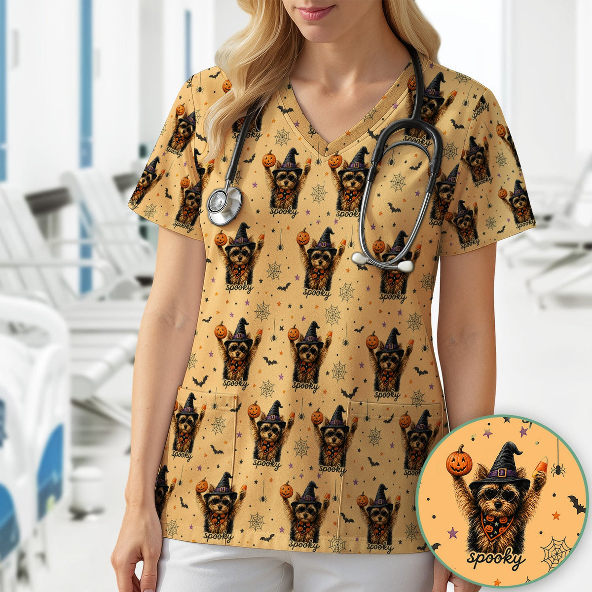 Spooky Yorkie Nurse Scrub Top