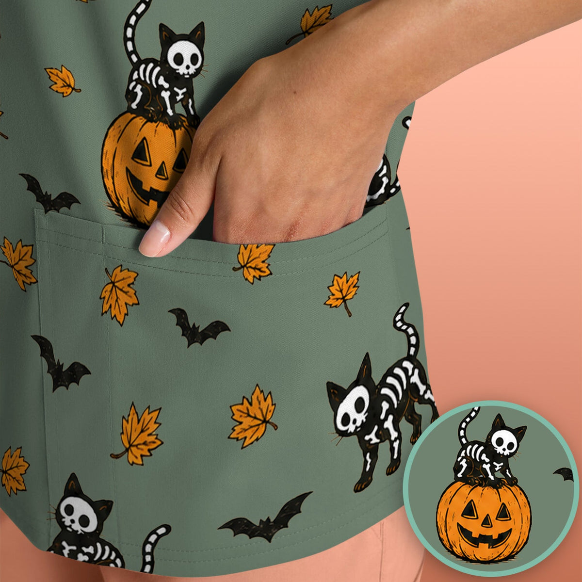 Skeleton Cat Nurse Scrub Top
