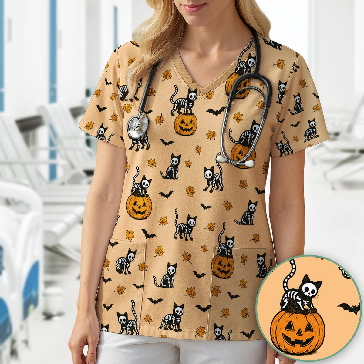 Skeleton Cat Nurse Scrub Top