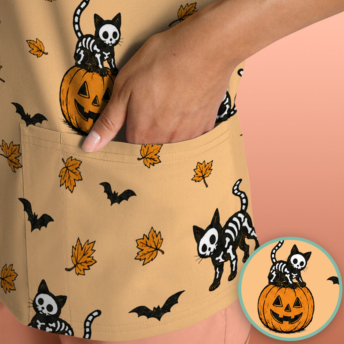 Skeleton Cat Nurse Scrub Top