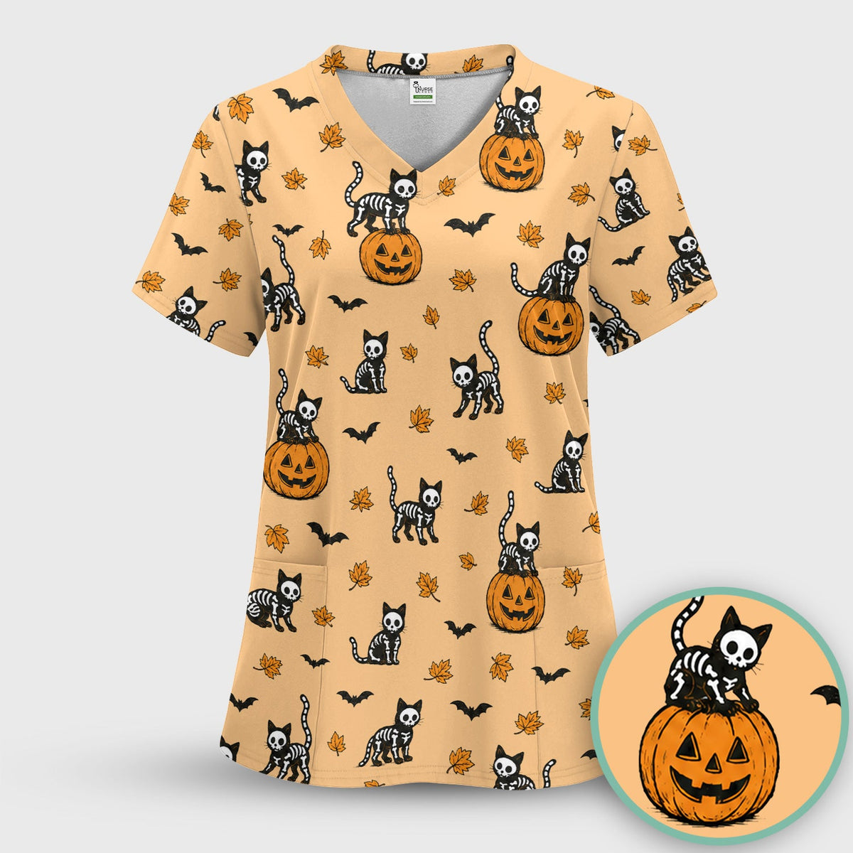 Skeleton Cat Nurse Scrub Top