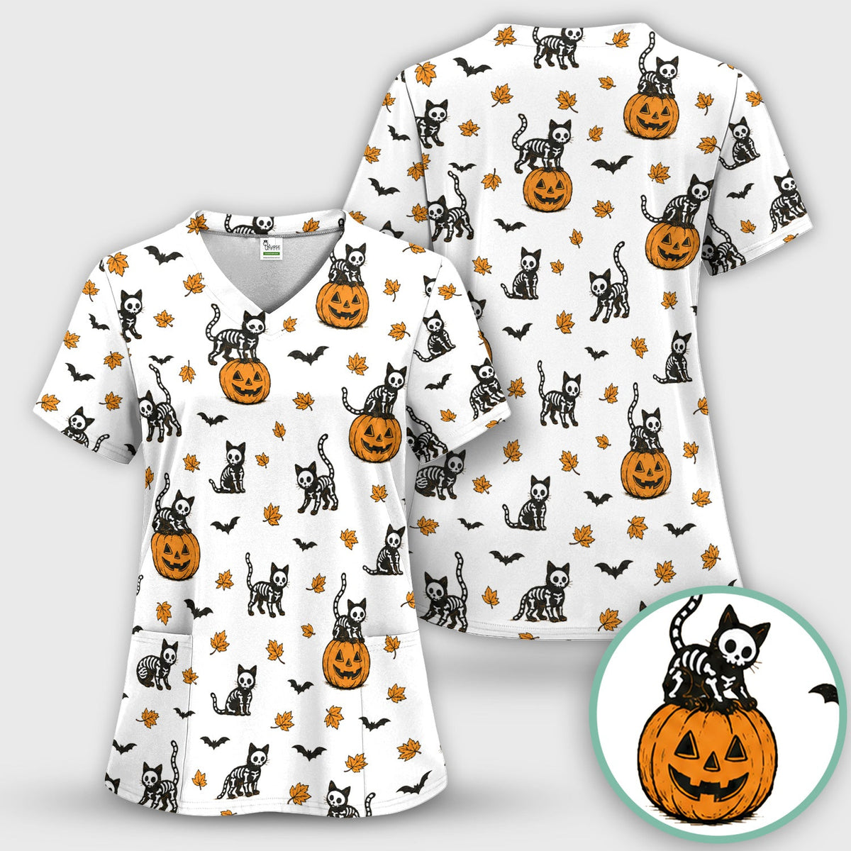 Skeleton Cat Nurse Scrub Top