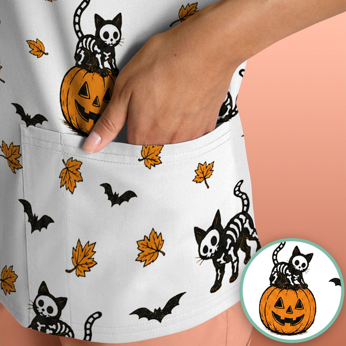 Skeleton Cat Nurse Scrub Top