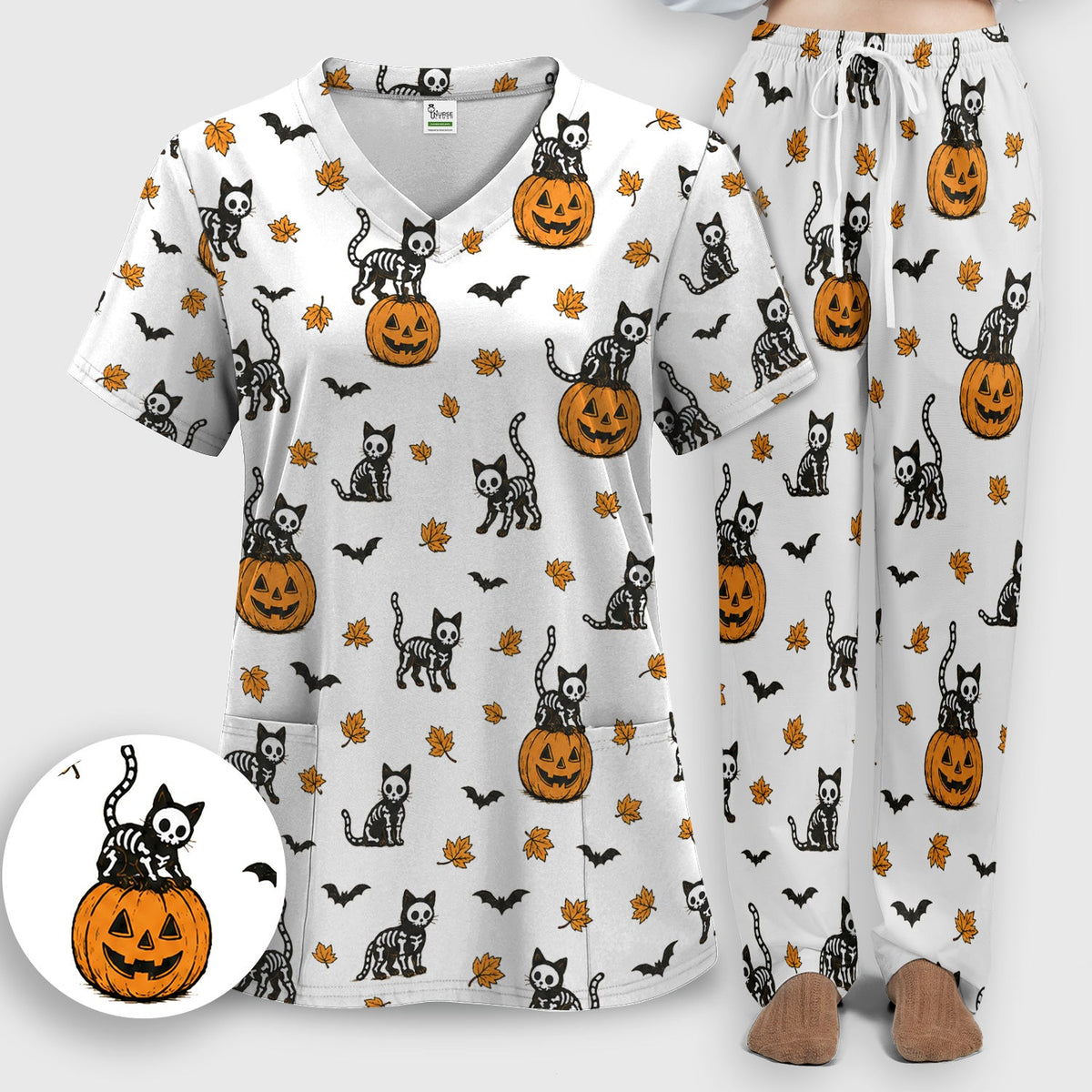 Skeleton Cat Nurse Scrub Set