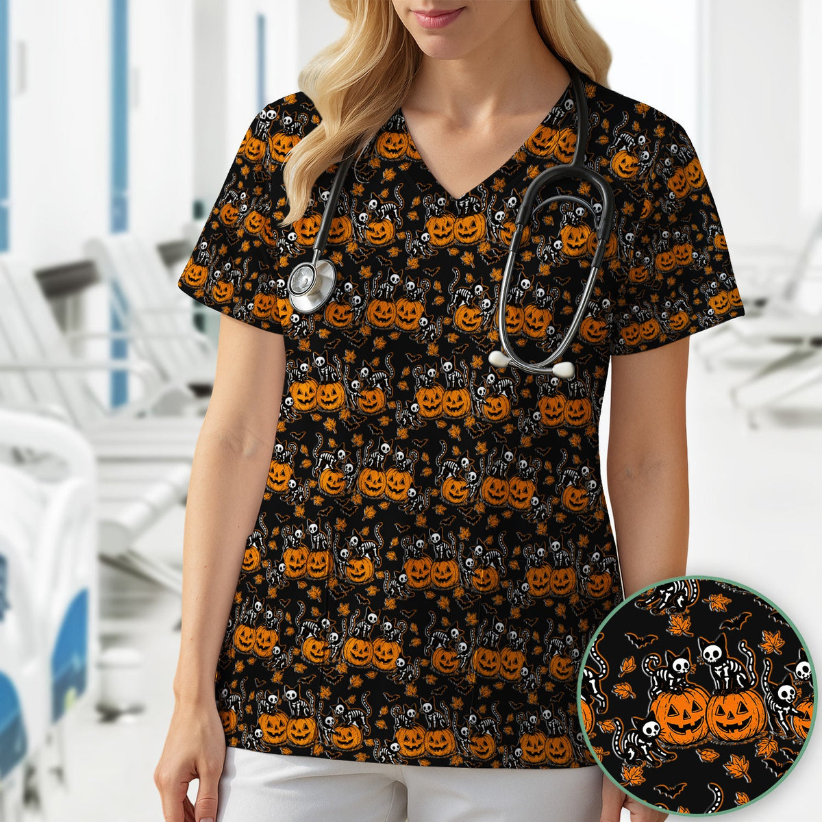 Skeleton Cat Nurse Scrub Top - Halloween Gift