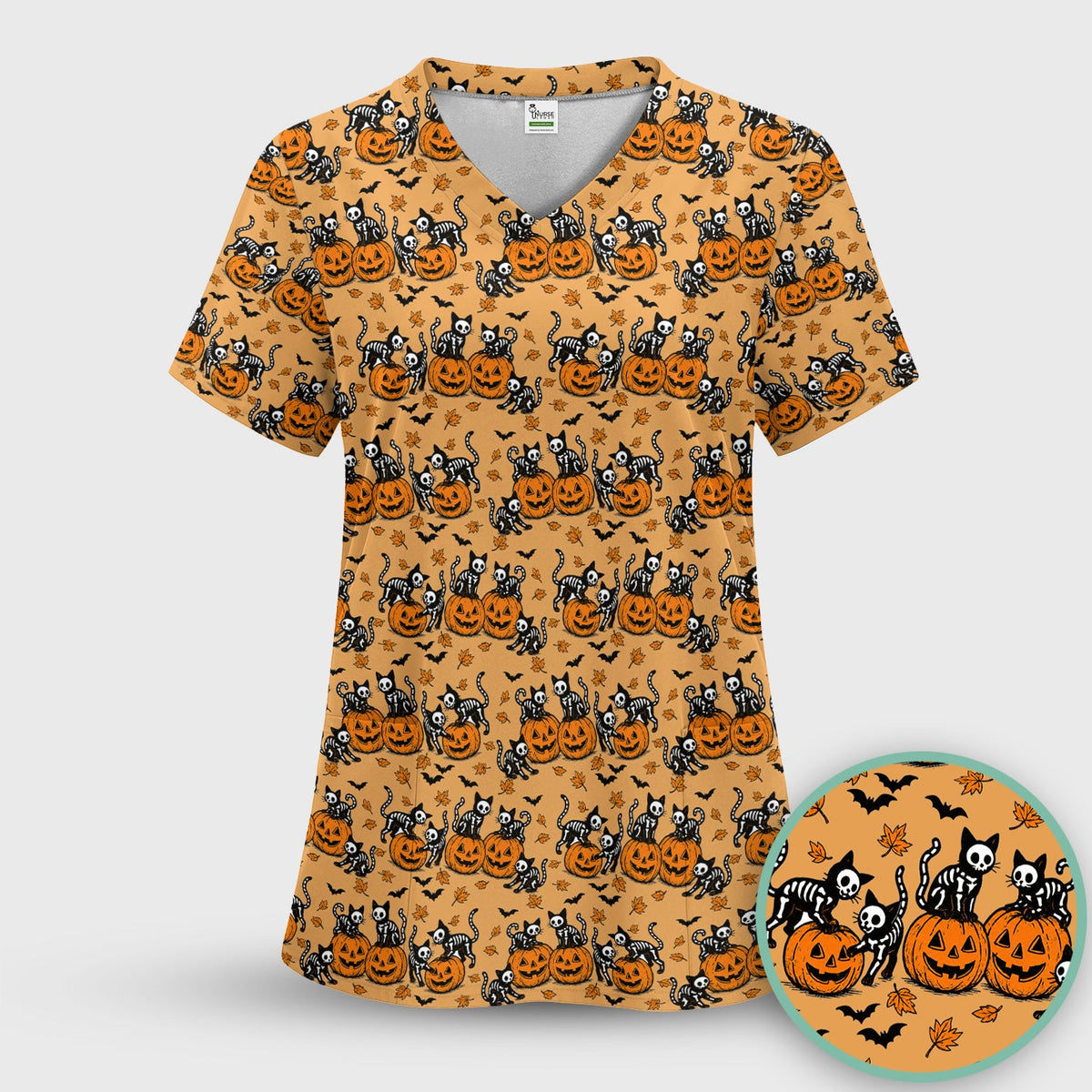 Skeleton Cat Nurse Scrub Top - Halloween Gift
