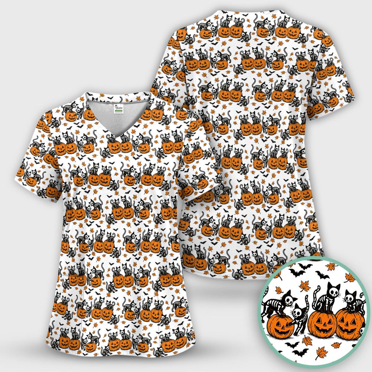 Skeleton Cat Nurse Scrub Top - Halloween Gift
