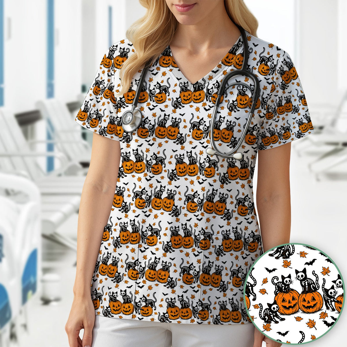Skeleton Cat Nurse Scrub Top - Halloween Gift