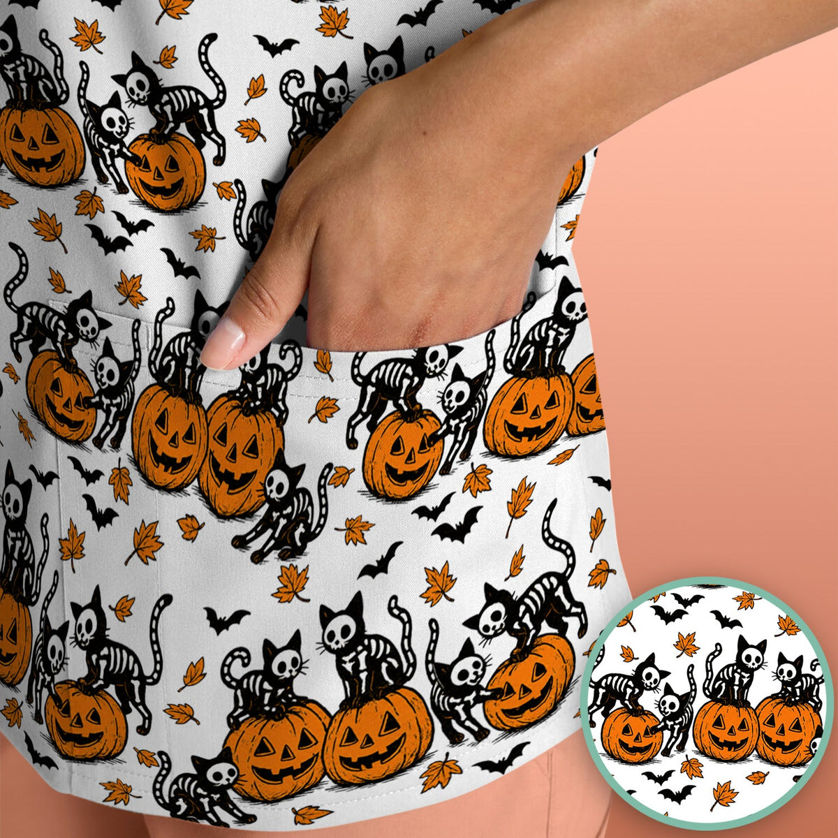 Skeleton Cat Nurse Scrub Top - Halloween Gift