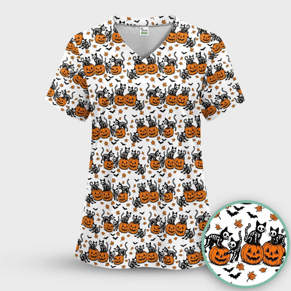 Skeleton Cat Nurse Scrub Top - Halloween Gift