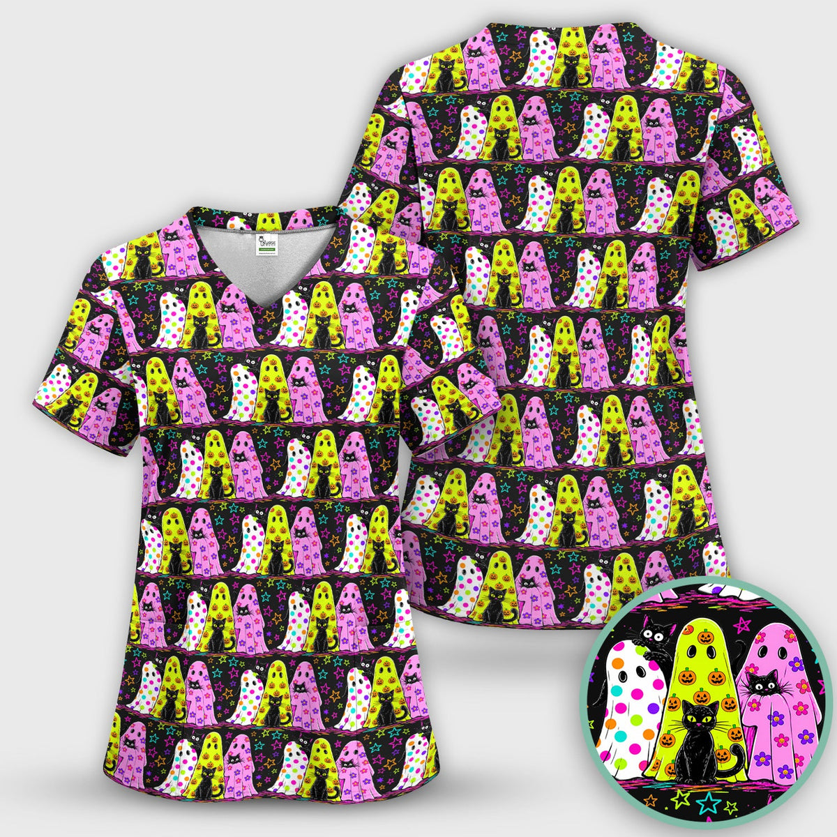 Spooky Ghost Cat Nurse Scrub Top