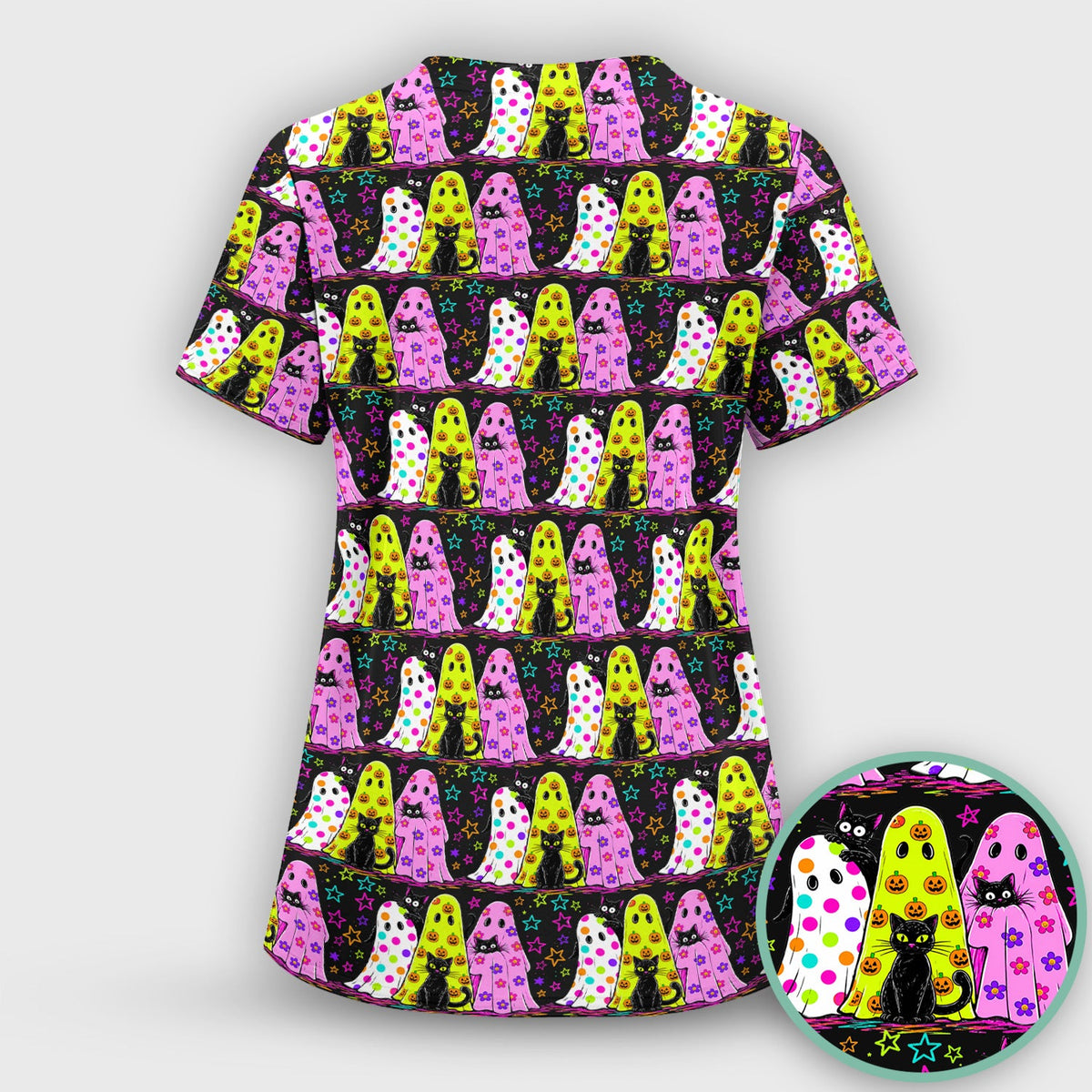 Spooky Ghost Cat Nurse Scrub Top