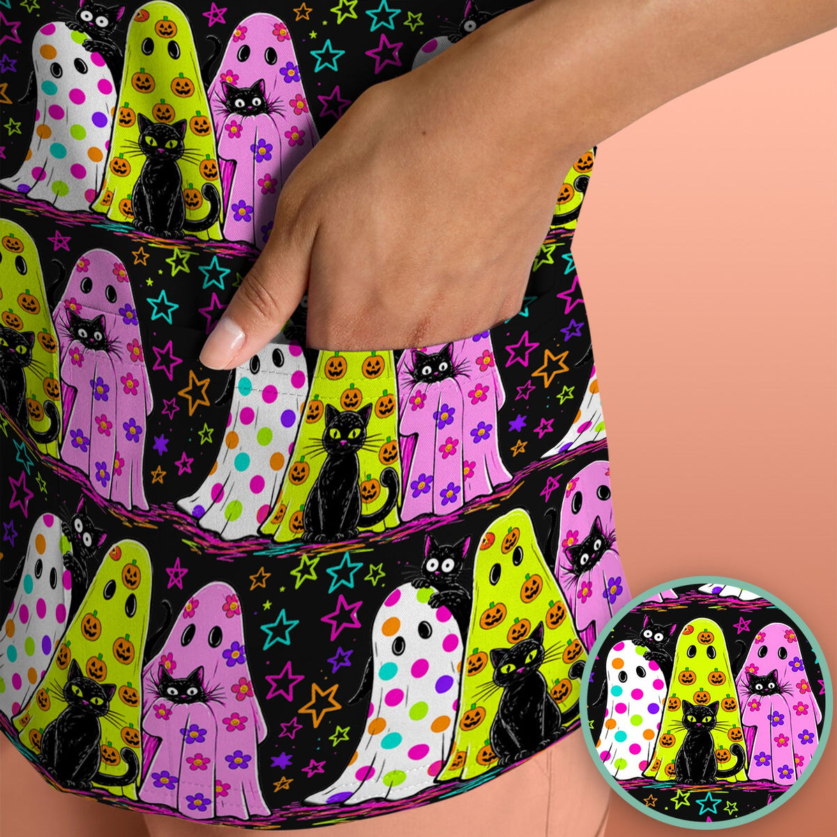 Spooky Ghost Cat Nurse Scrub Top