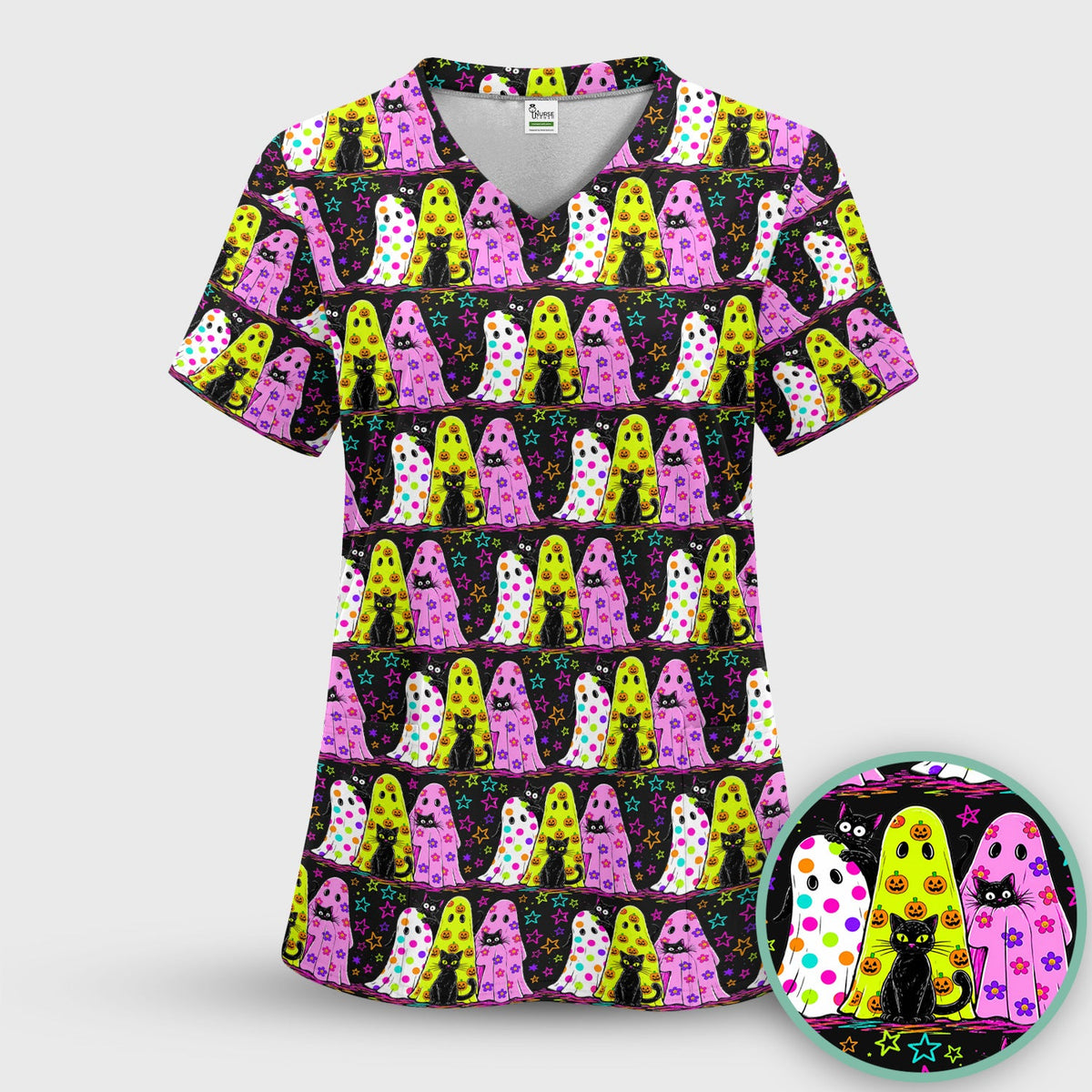 Spooky Ghost Cat Nurse Scrub Top