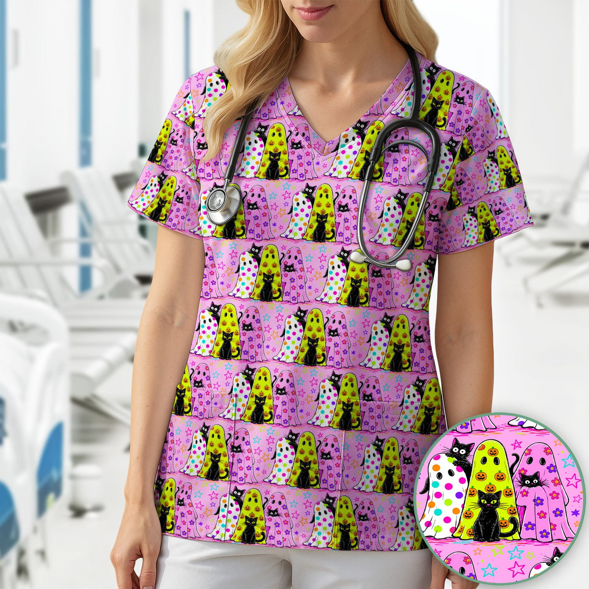 Spooky Ghost Cat Nurse Scrub Top