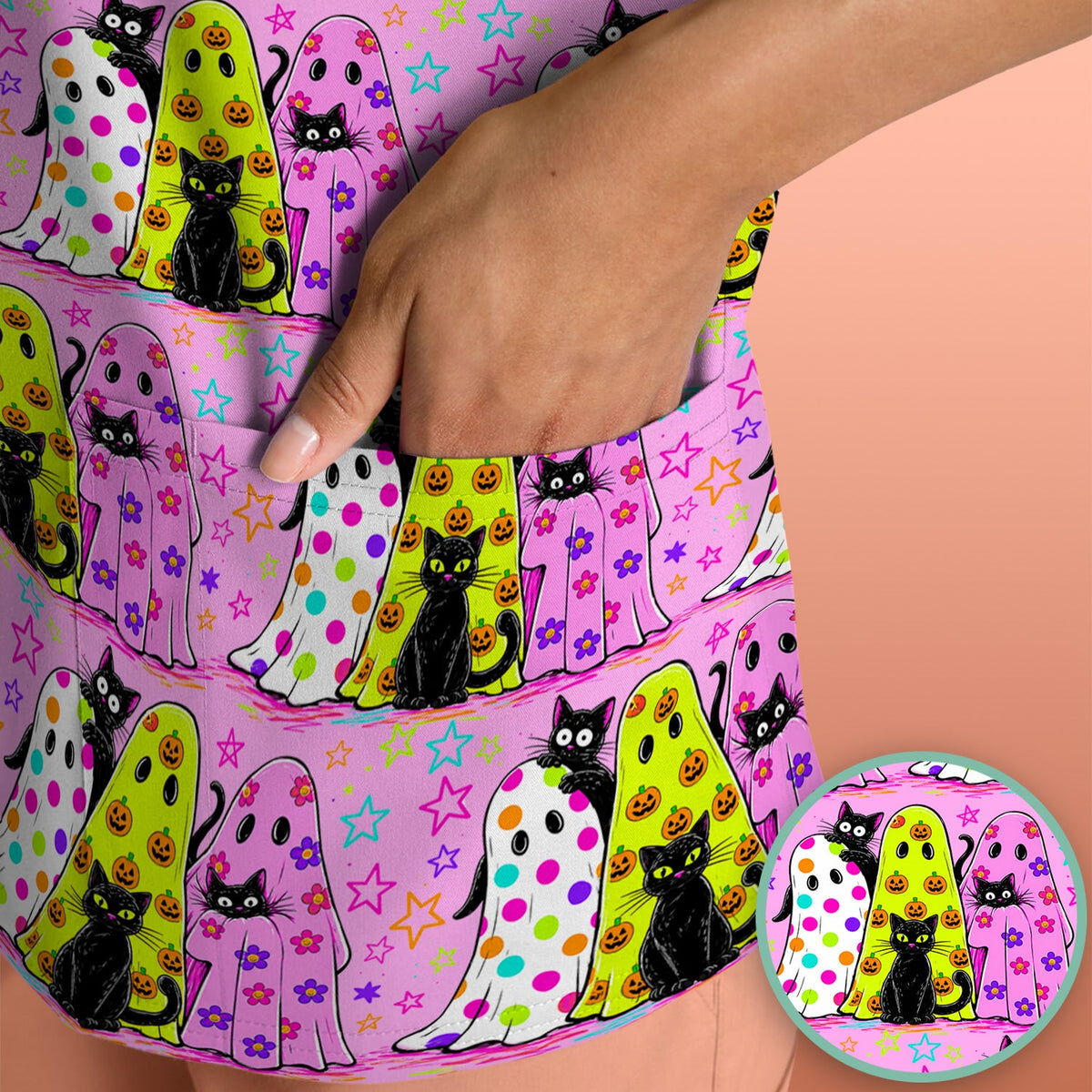 Spooky Ghost Cat Nurse Scrub Top
