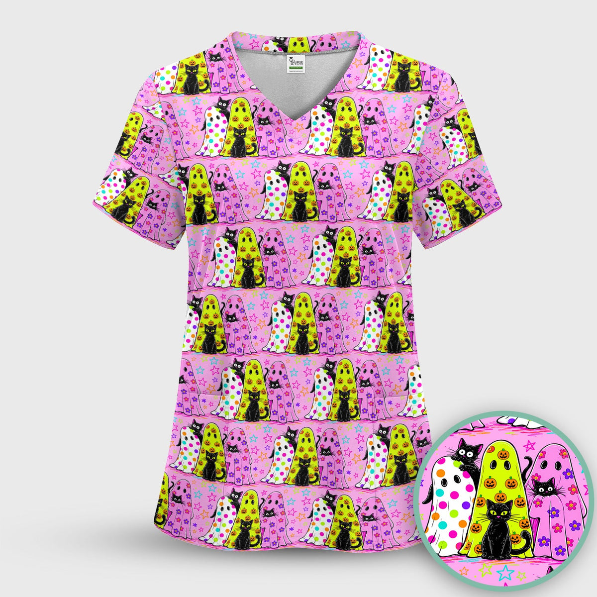 Spooky Ghost Cat Nurse Scrub Top