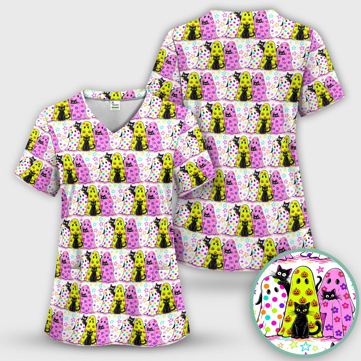 Spooky Ghost Cat Nurse Scrub Top