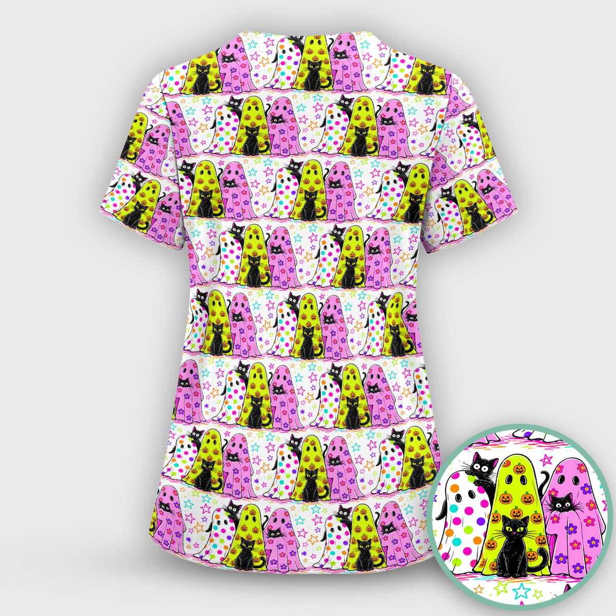 Spooky Ghost Cat Nurse Scrub Top