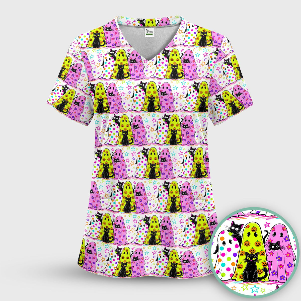 Spooky Ghost Cat Nurse Scrub Top