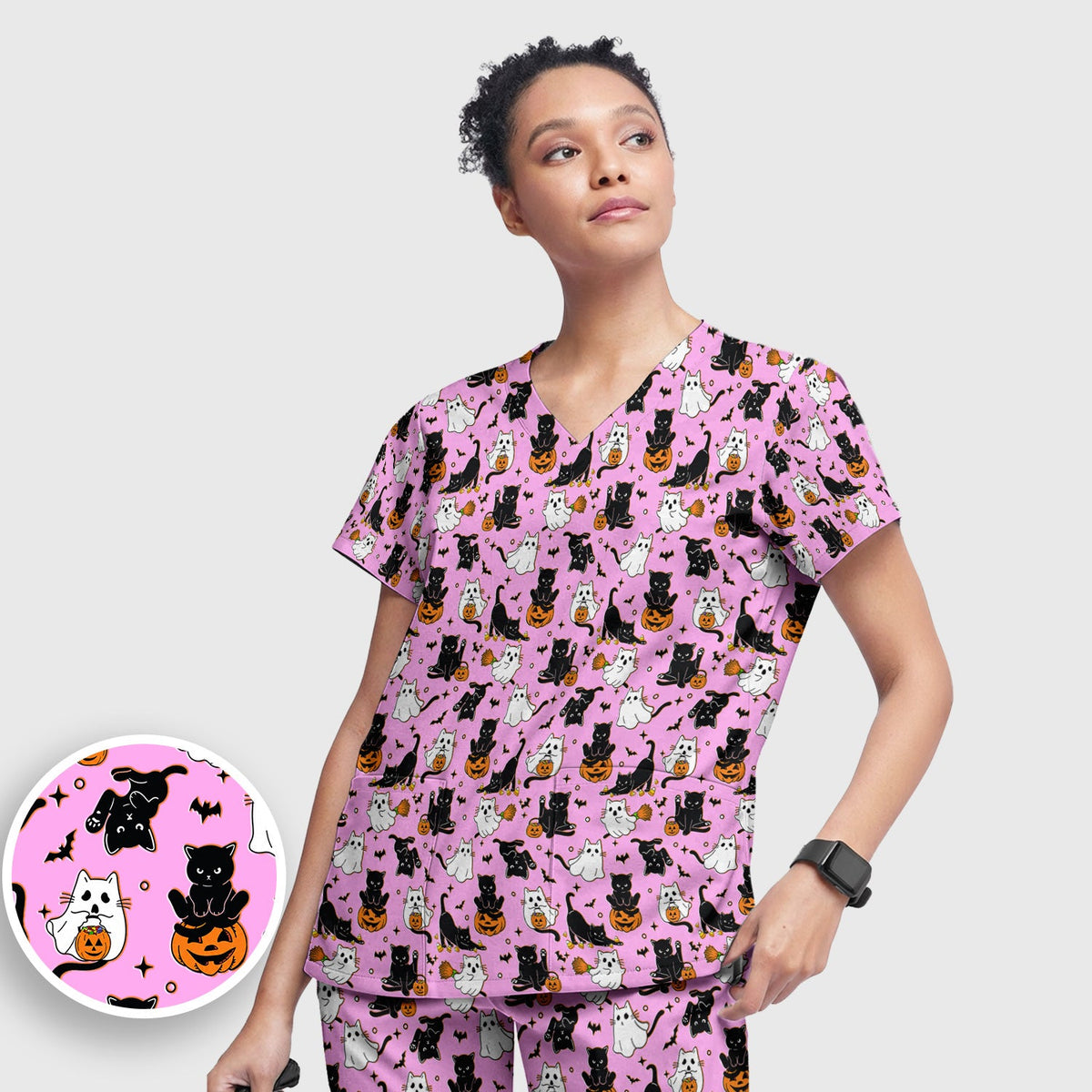 Cat Ghost Pumpkin Nurse Scrub Set - Halloween Gift