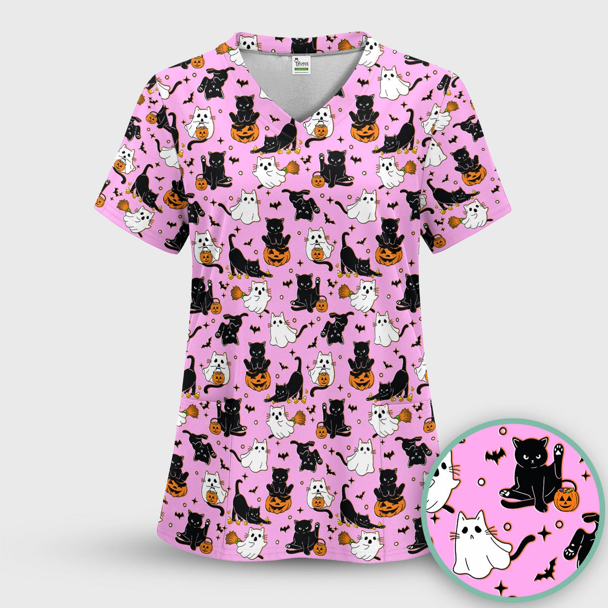Cat Ghost Pumpkin Nurse Scrub Set - Halloween Gift