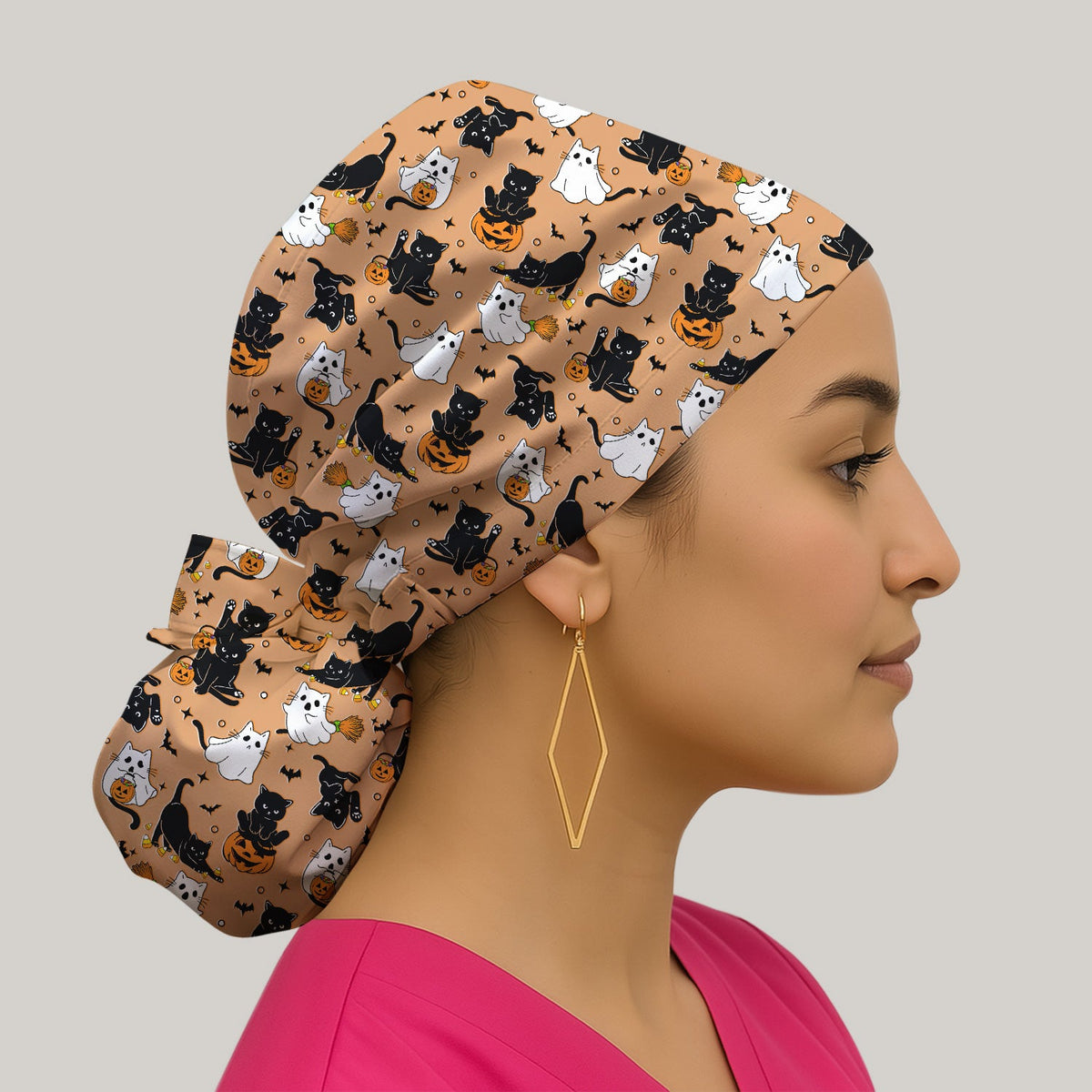 Cat Ghost Pumpkin Scrub Cap - Halloween Gift For Nurse