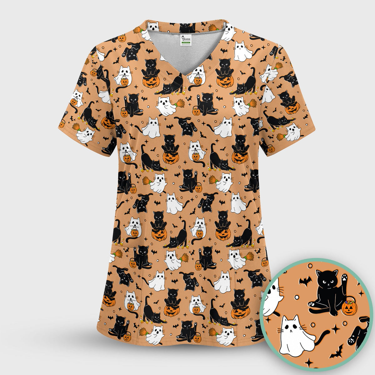 Cat Ghost Pumpkin Nurse Scrub Set - Halloween Gift