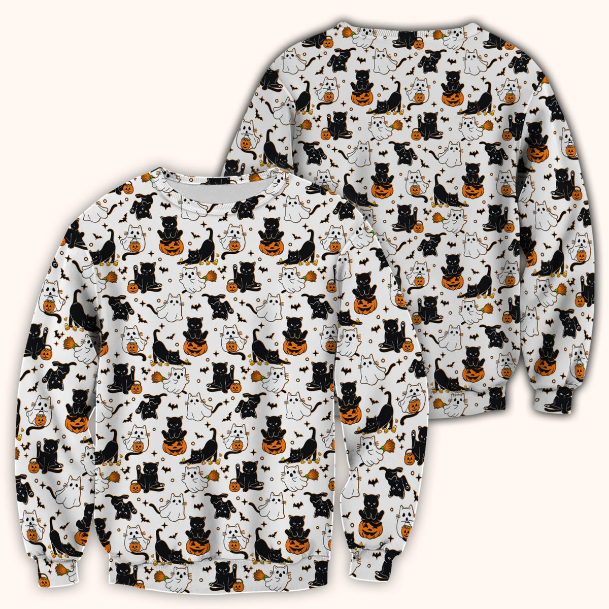 Halloween Cat Ghost Pumpkin Pattern Scrub Top, Comfortable Scrubs for Nurses