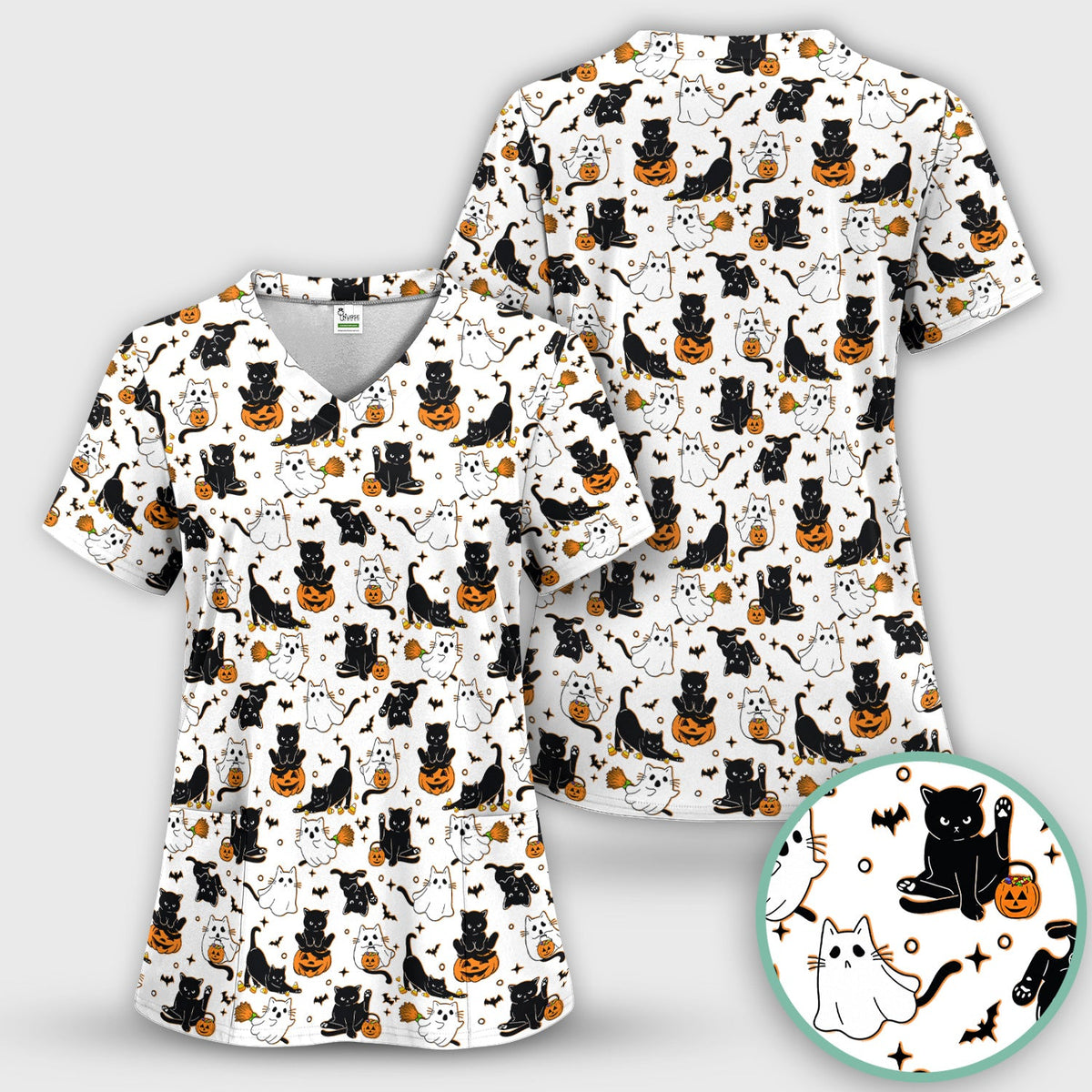 Halloween Cat Ghost Pumpkin Pattern Scrub Top, Comfortable Scrubs for Nurses