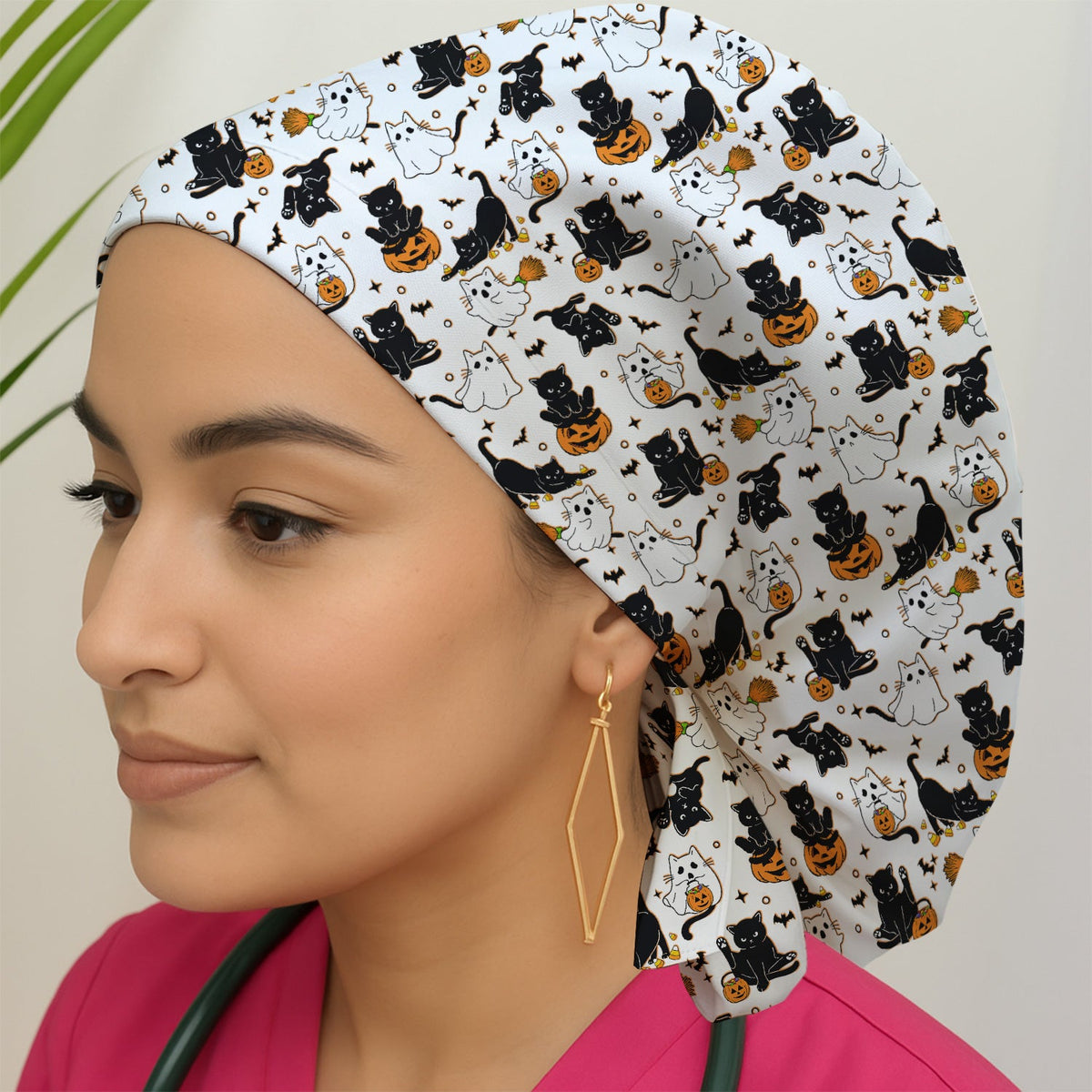 Cat Ghost Pumpkin Scrub Cap - Halloween Gift For Nurse