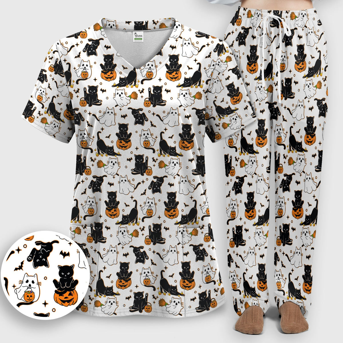 Cat Ghost Pumpkin Nurse Scrub Set - Halloween Gift