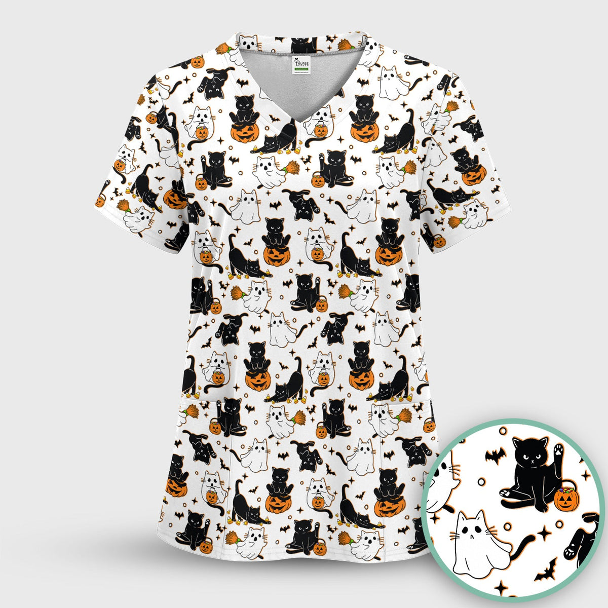 Cat Ghost Pumpkin Nurse Scrub Set - Halloween Gift