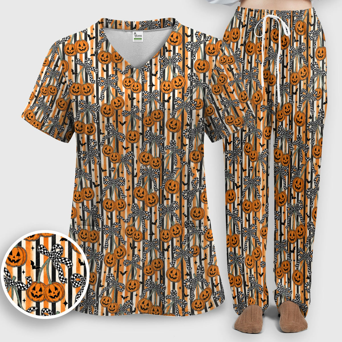 Bow Stripe Nurse Scrub Set - Halloween Gift