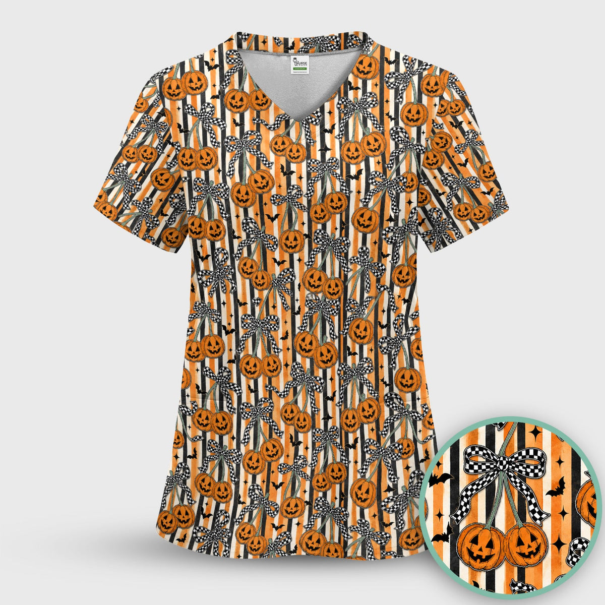 Bow Stripe Nurse Scrub Top - Halloween Gift