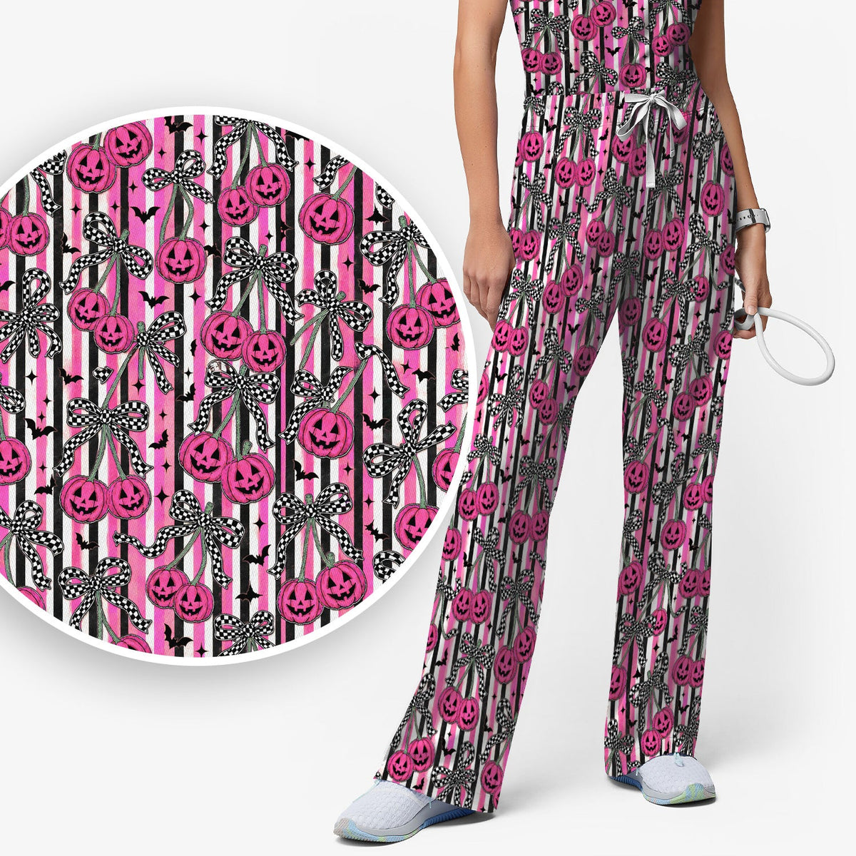 Bow Stripe Nurse Scrub Set - Halloween Gift
