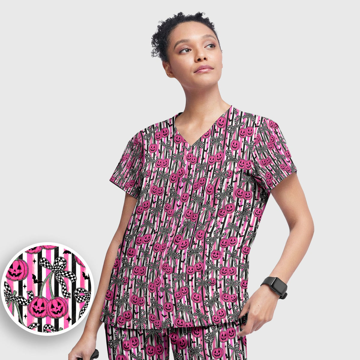 Bow Stripe Nurse Scrub Set - Halloween Gift