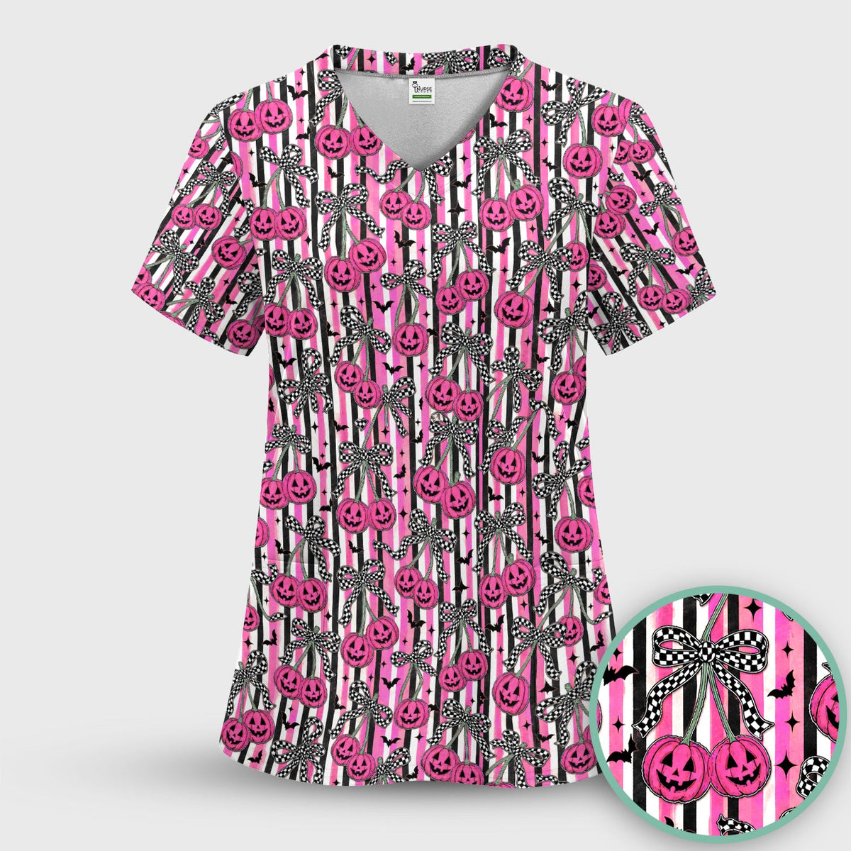 Bow Stripe Nurse Scrub Top - Halloween Gift
