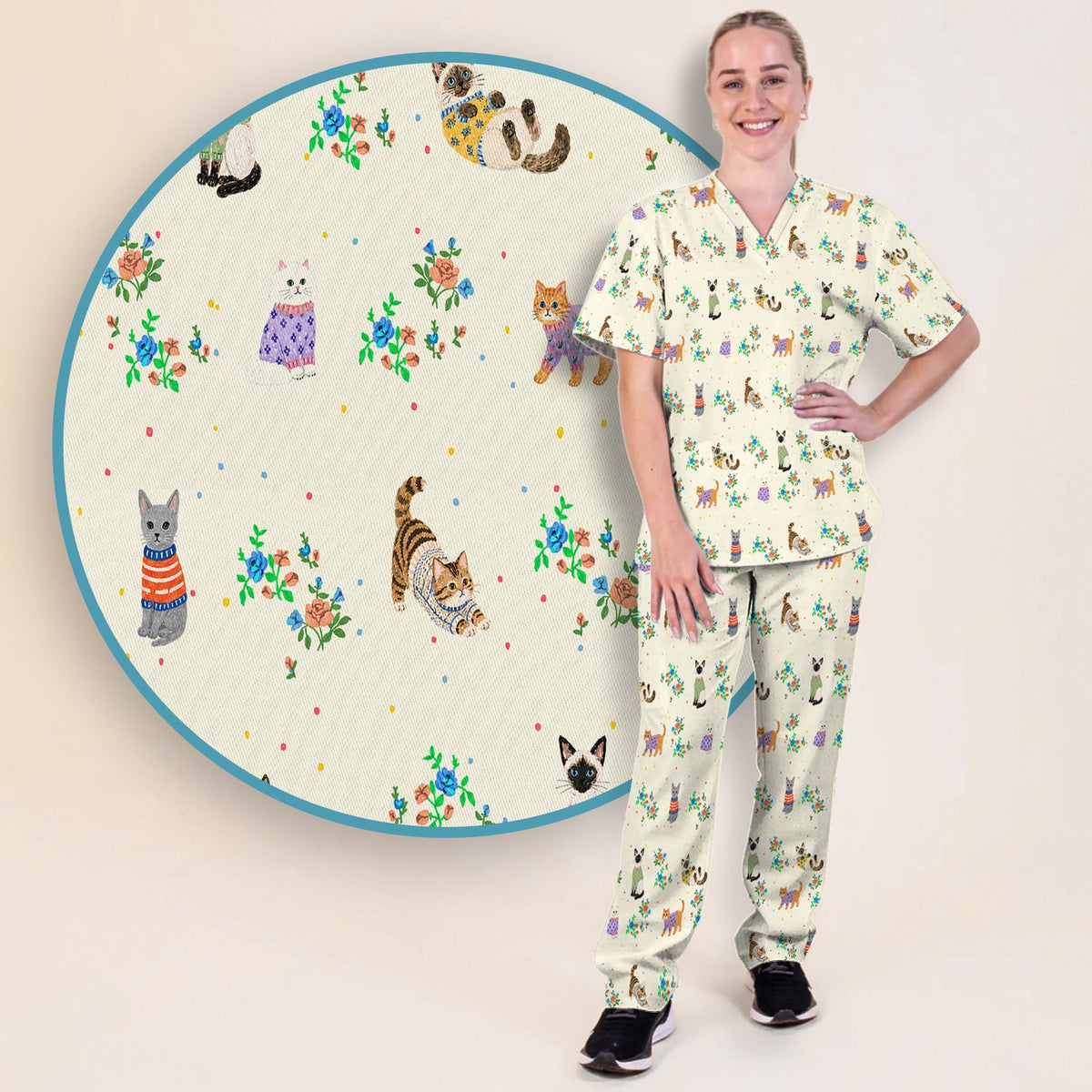 Watercolor Cat Nurse Scrub Set