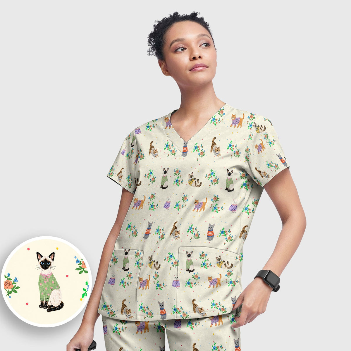 Watercolor Cat Nurse Scrub Set