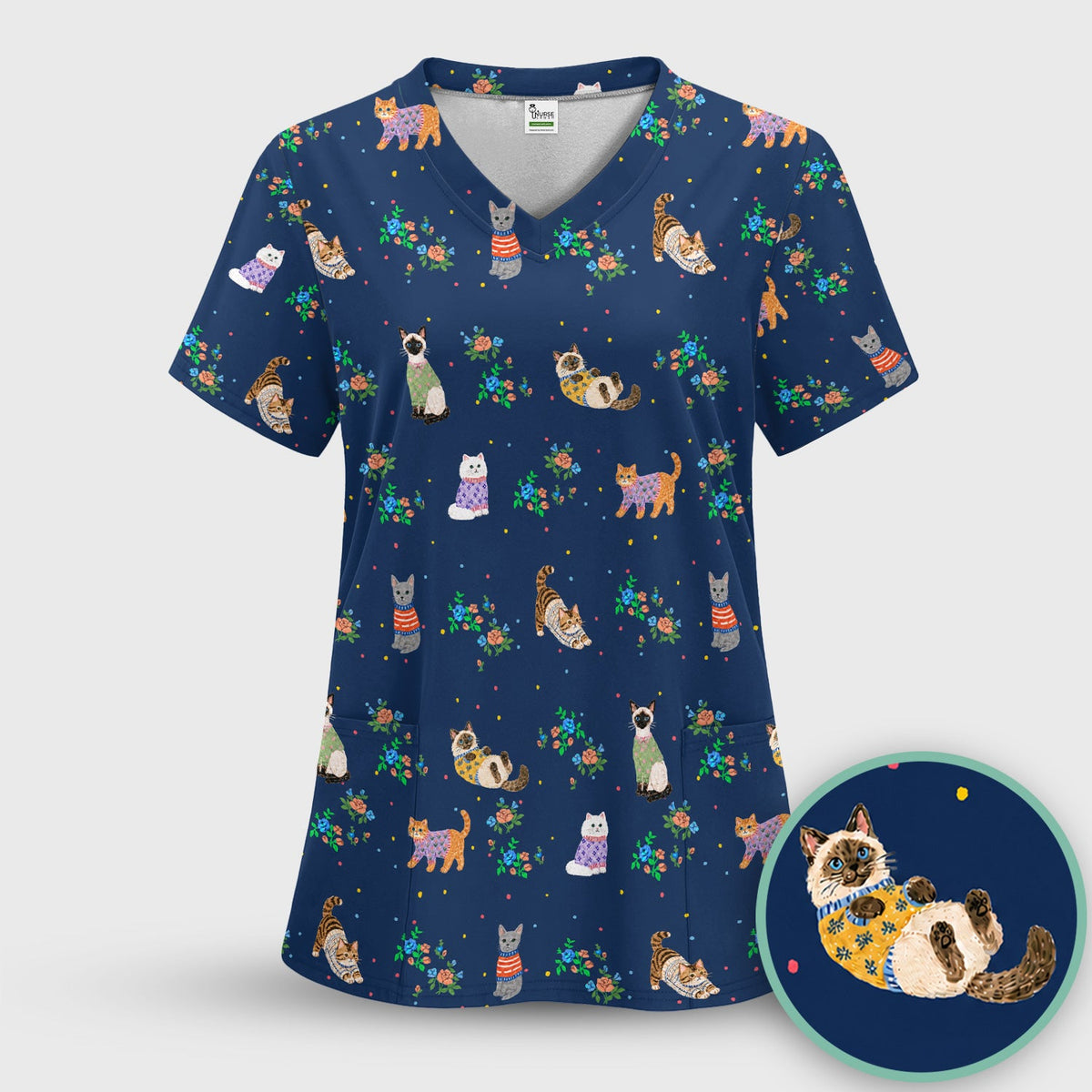 Watercolor Cat Nurse Scrub Top