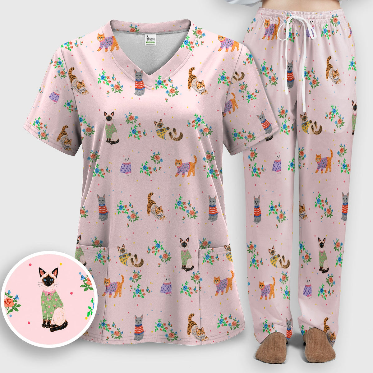 Watercolor Cat Nurse Scrub Set