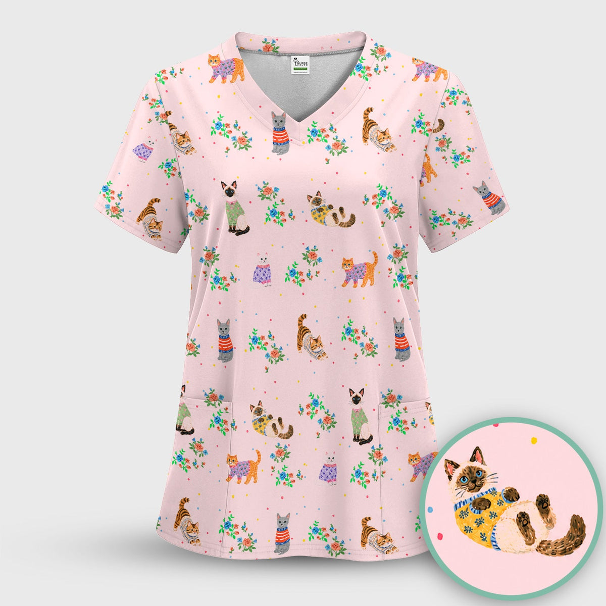 Watercolor Cat Nurse Scrub Top