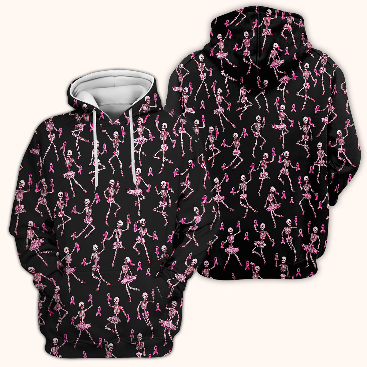 Breast Cancer Skeleton Nurse Scrub Top - Black Pink