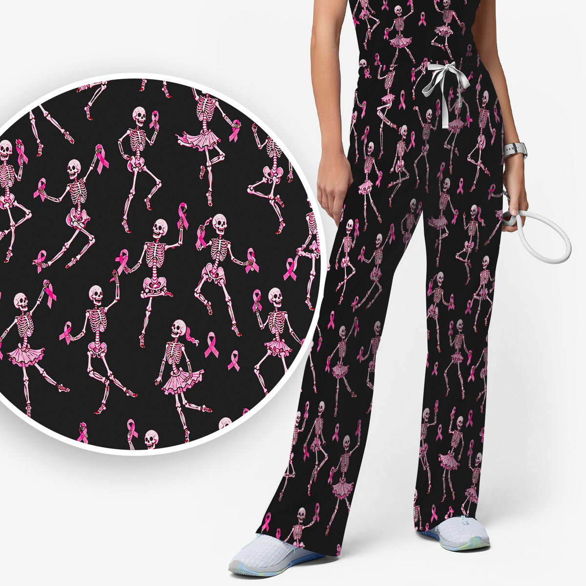 Breast Cancer Skeleton Nurse Scrub Set - Black Pink