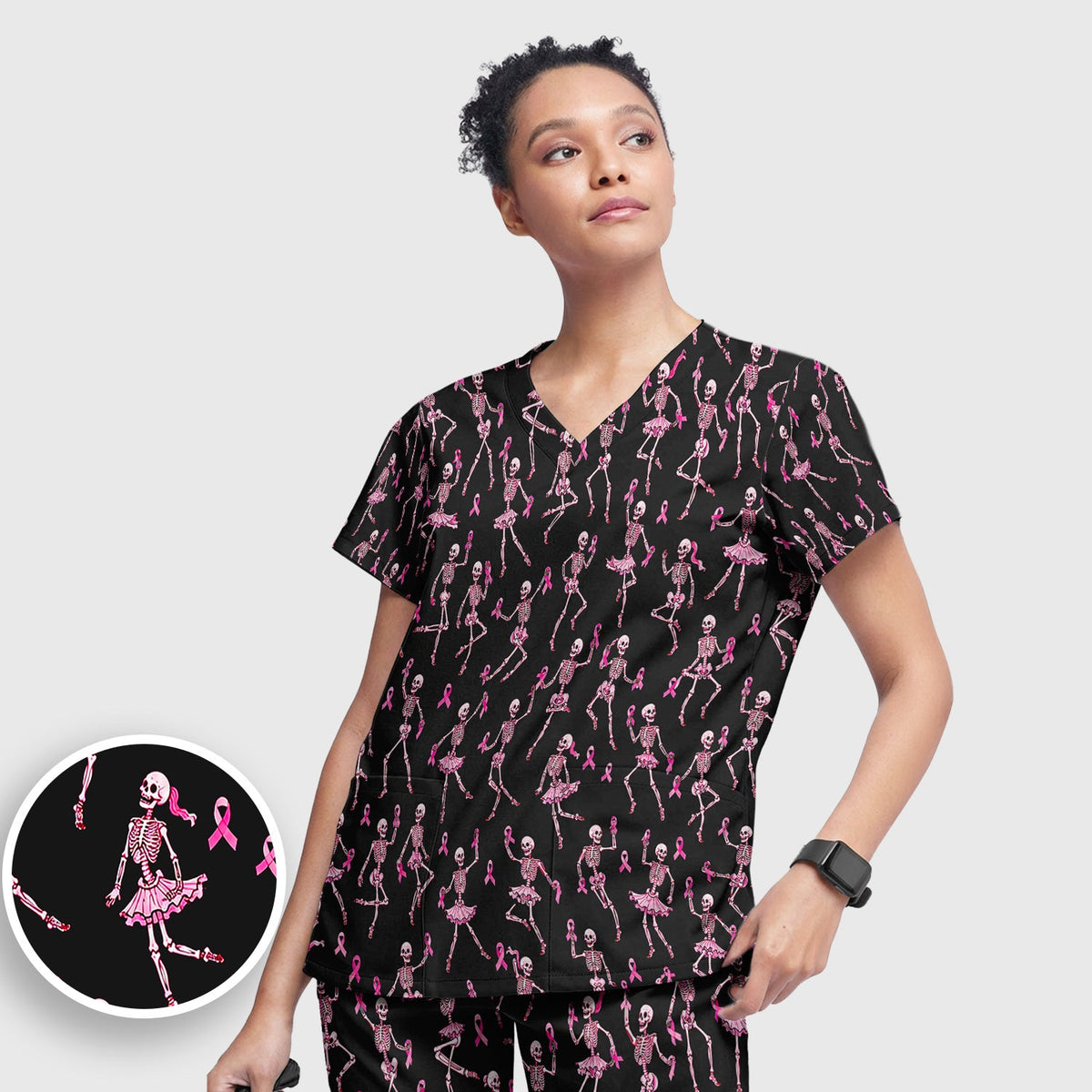 Breast Cancer Skeleton Nurse Scrub Set - Black Pink