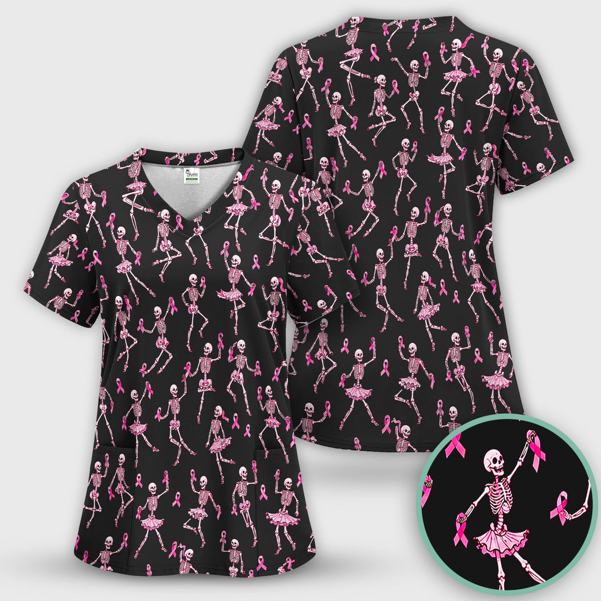 Breast Cancer Skeleton Nurse Scrub Top - Black Pink