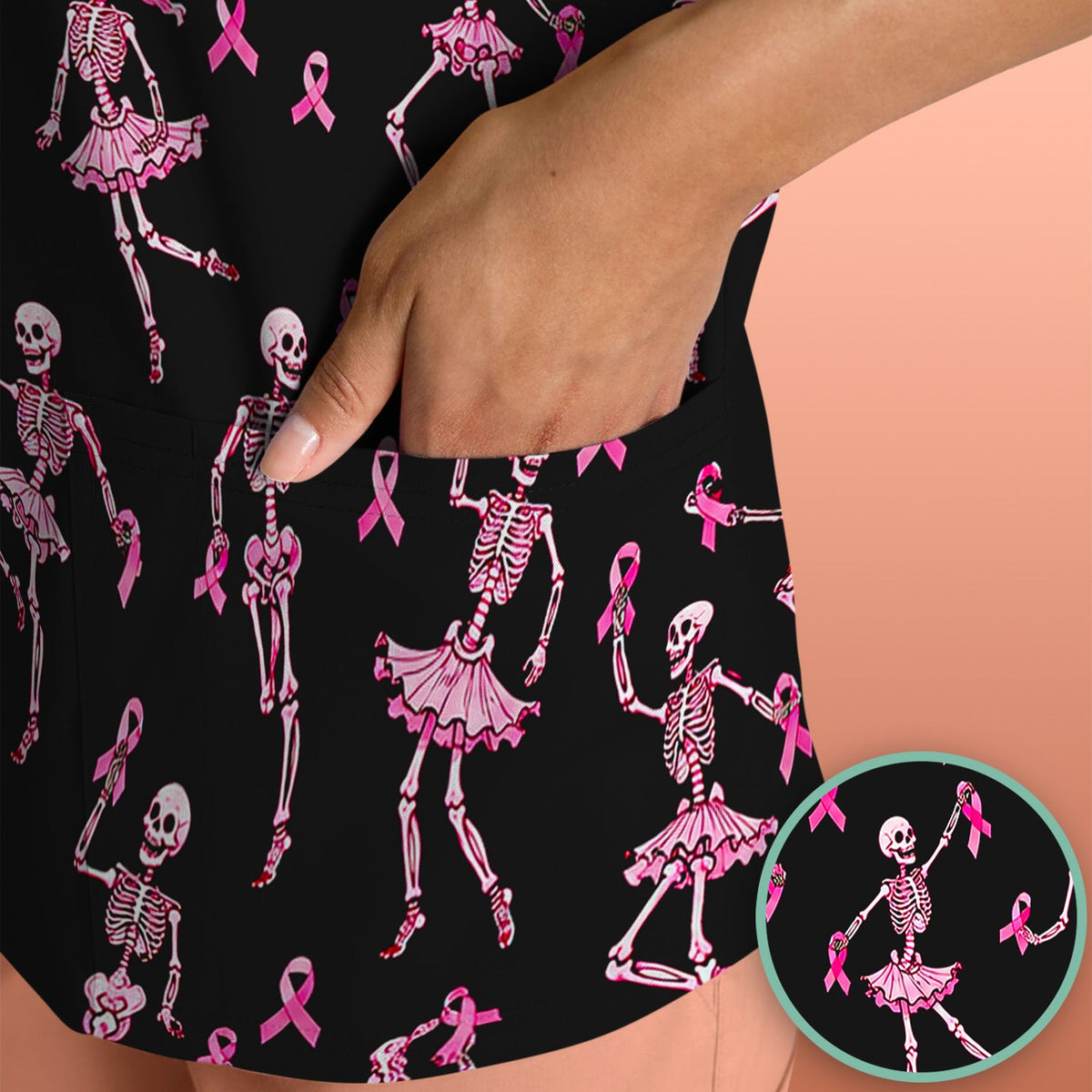 Breast Cancer Skeleton Nurse Scrub Top - Black Pink
