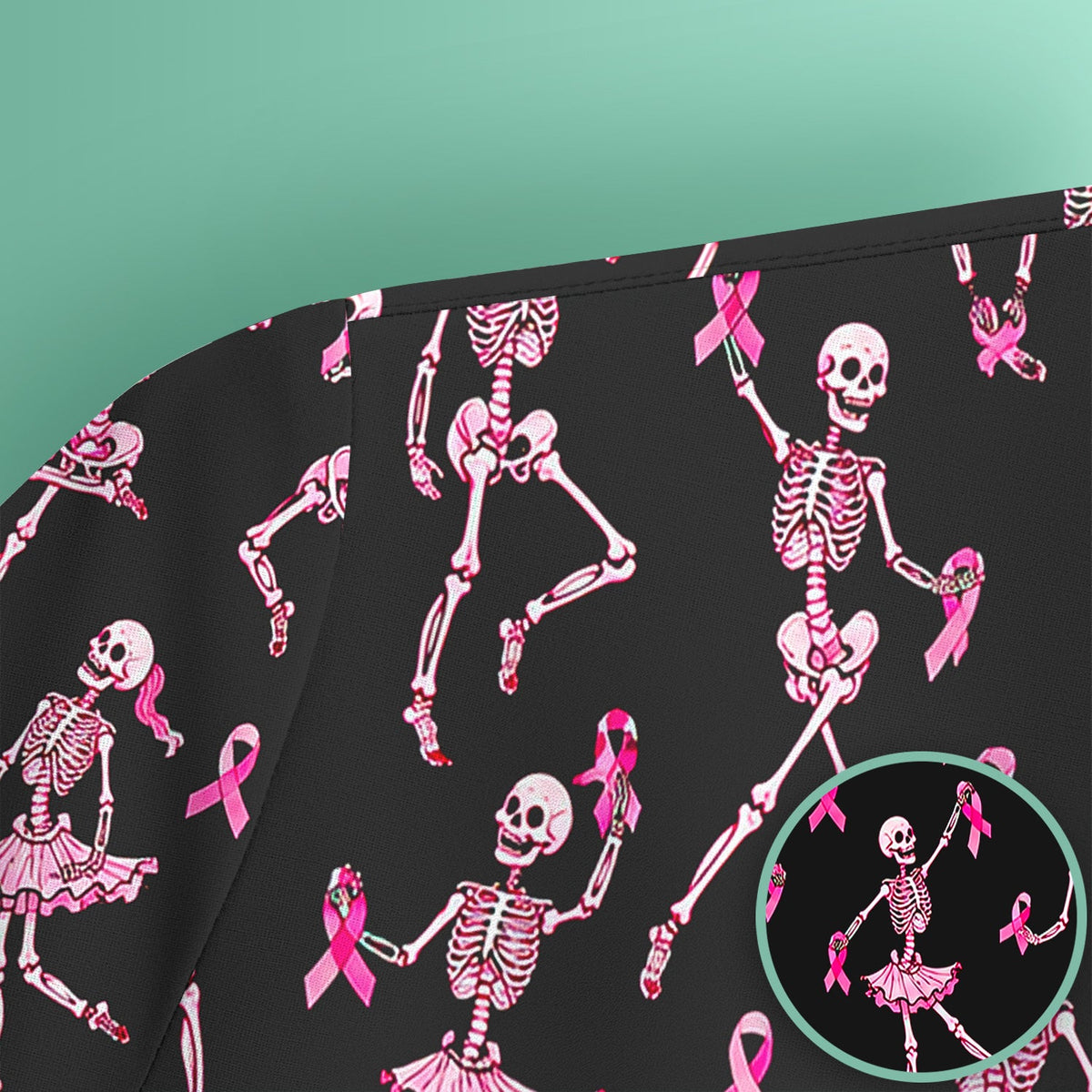 Breast Cancer Skeleton Nurse Scrub Top - Black Pink